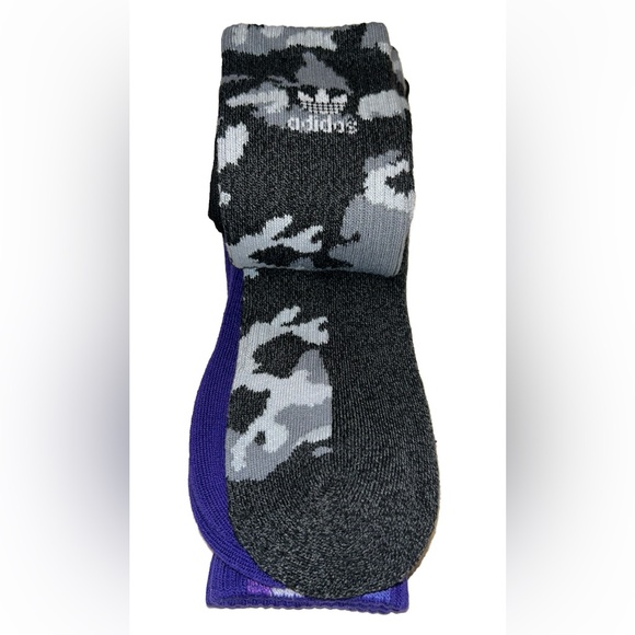 Adidas Crew Socks 3 Pair Men's 6-12 Black Gray Purple Camo w Logo & Trefoil NEW! - Picture 9 of 12